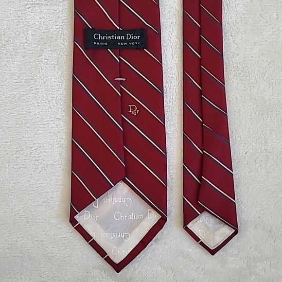 Vintage Christian Dior Men's Necktie Red Navy White Regimental Stripe Short Tie - Picture 5 of 16